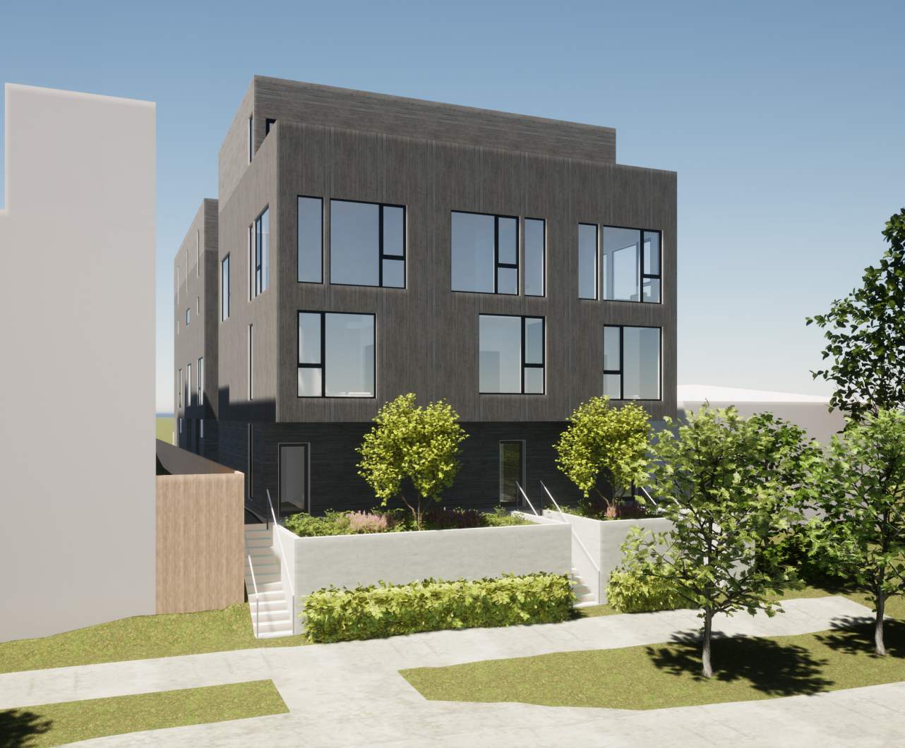 Exterior rendering from Claremont Ave S — four-story building with wood siding, recessed entry, and terraced roof deck.