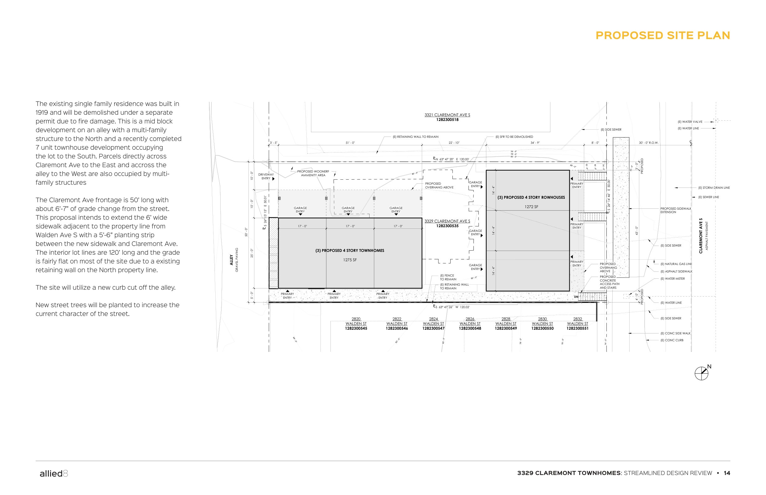 Proposed site plan — three townhomes along the alley on the left, three rowhomes along Claremont Ave on the right, with a shared woonerf in the center.